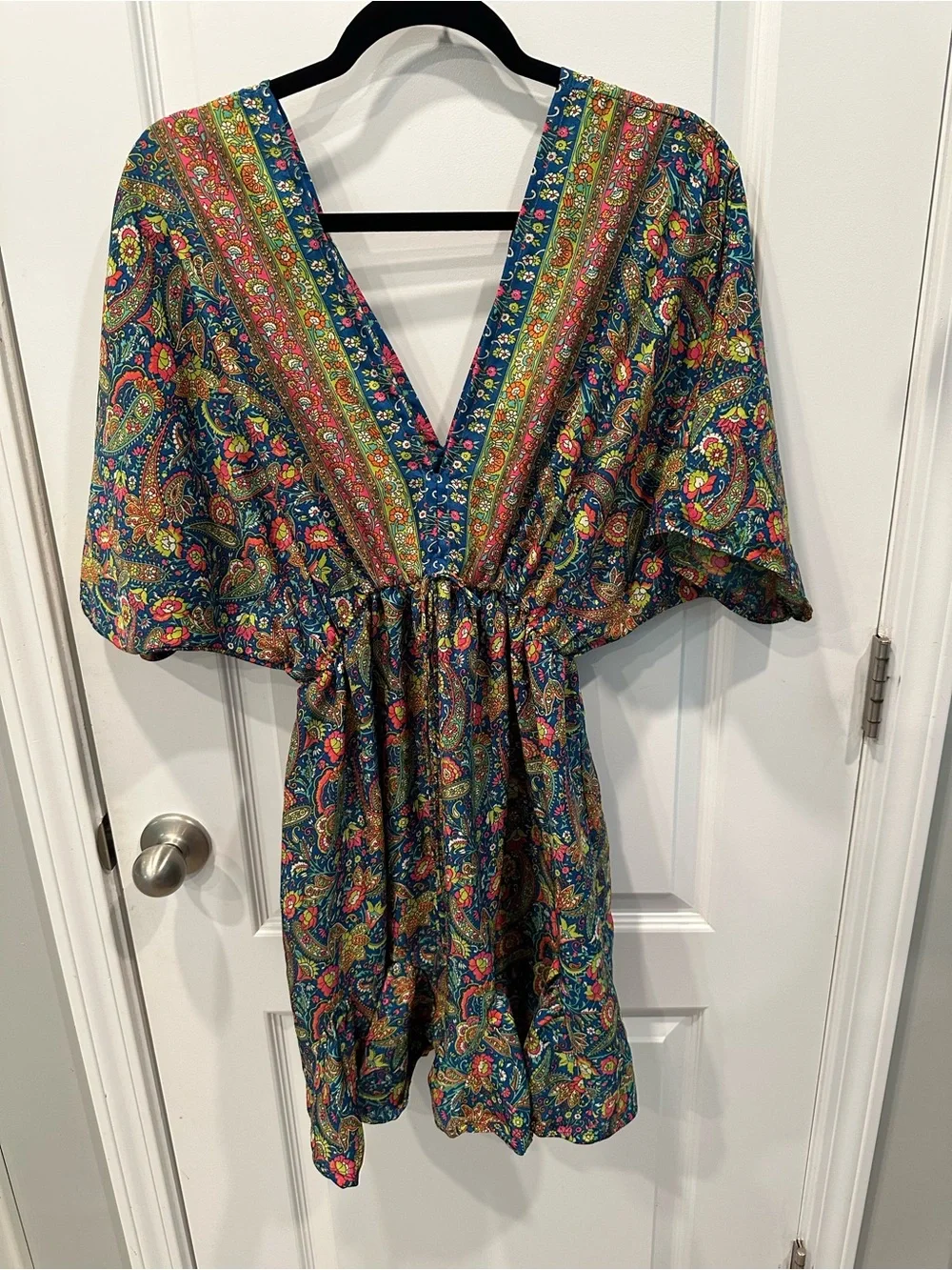 Swarna Greece Deep V-Neck Midi Dress in Multicolor Paisley Art. Silk 100%
